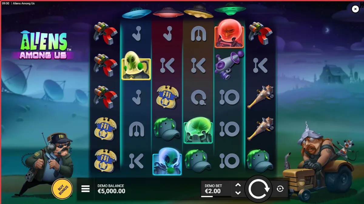Visual vibrante do slot Aliens Among Us com agentes do FBI e alienígenas