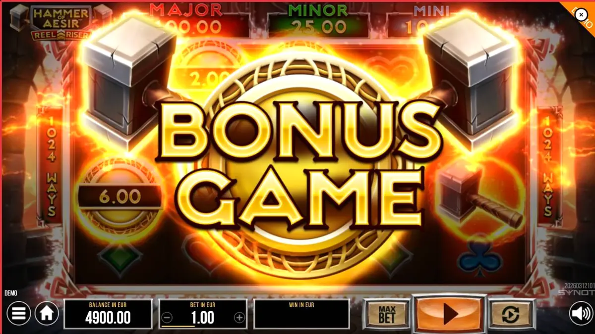 The Norse-themed Hammer of Aesir slot machine interface featuring mythical symbols and dark, epic visuals.