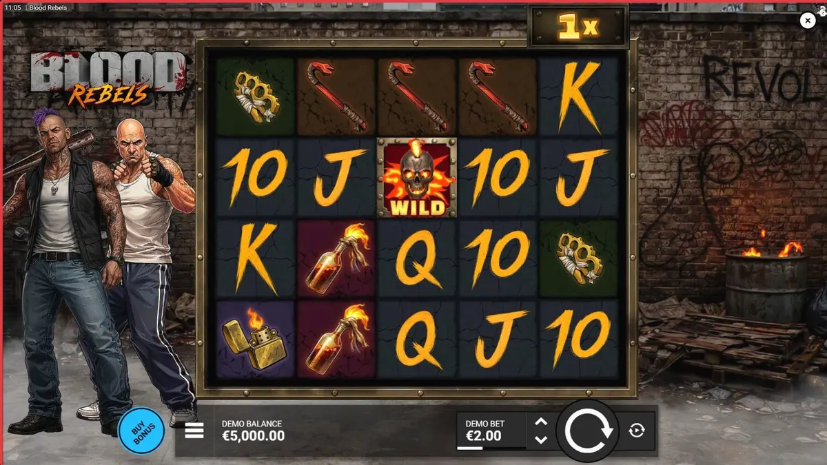 Cena de jogo do slot Blood Rebels com temática urbana e rebelde